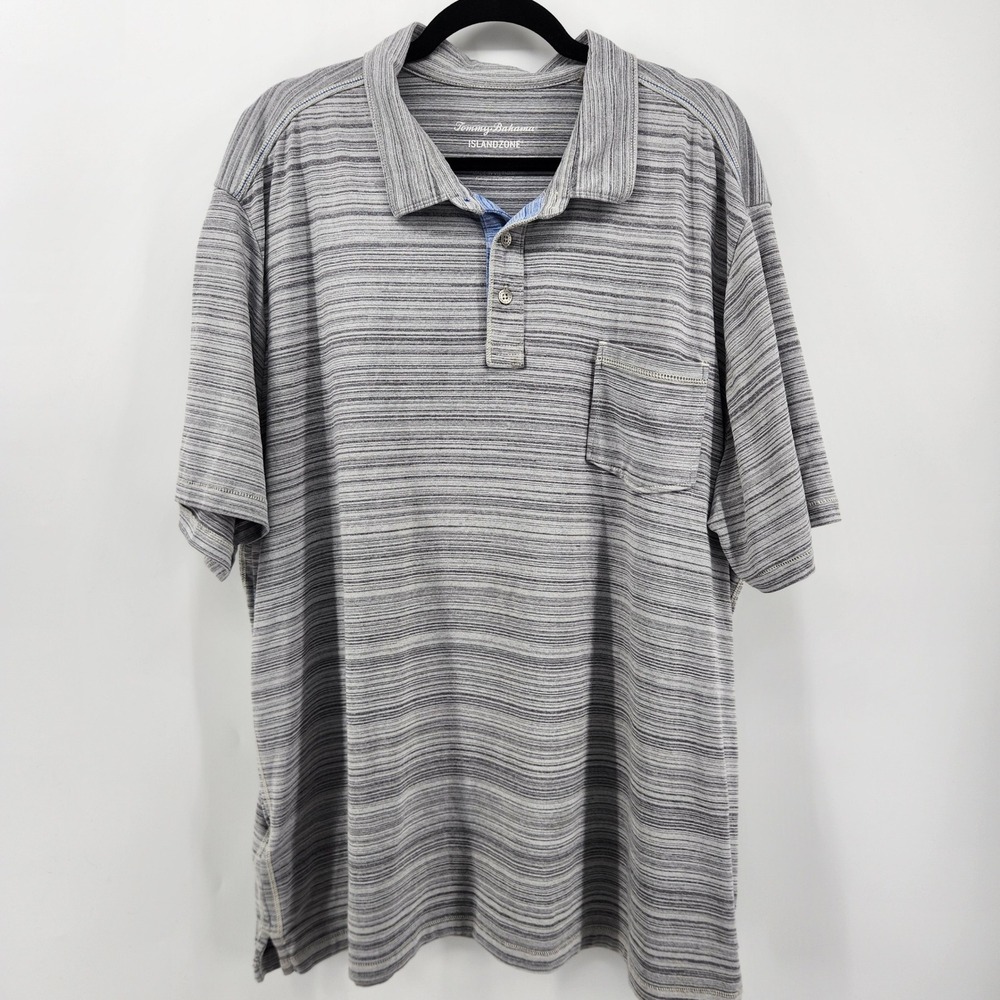 Tommy Bahama IslandZone Mens XL Striped Polo Shirt Gray Short Sleeve
